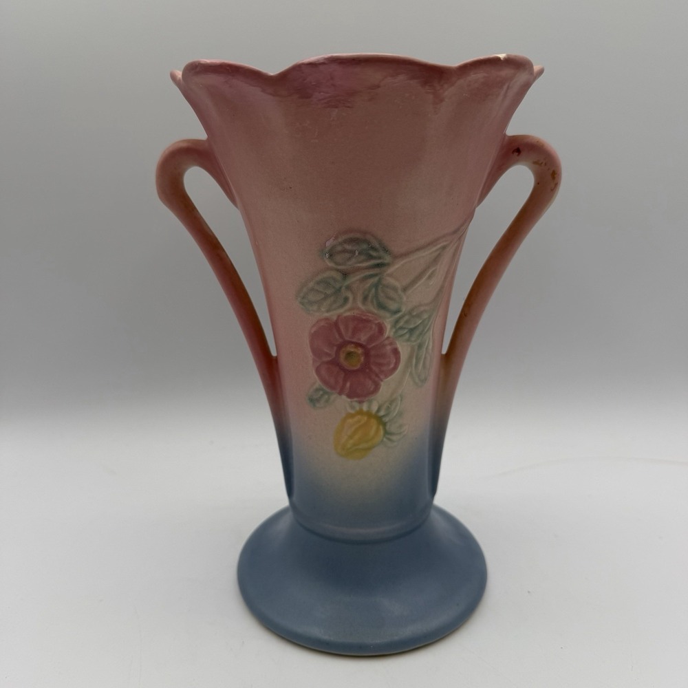 Vintage Hull Pottery Dogwood Vase 503 8 1/2'' Tall Blue Pink Flowers Floral USA